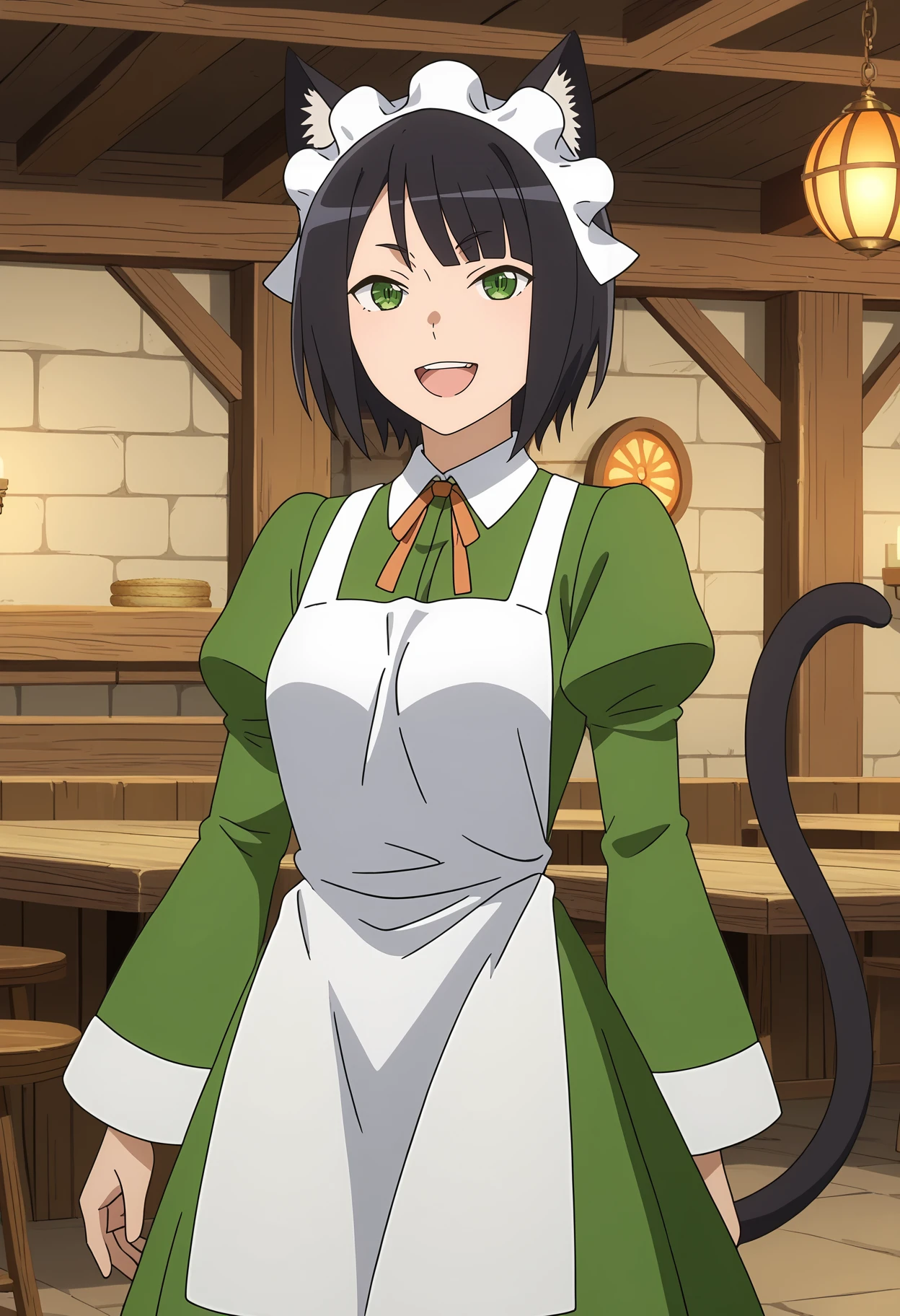 score_7_up, anime screencap,
<lora:DanMachi_ChloeLoloXL:0.9>,
1girl, open mouth, smile, upper teeth only,
short hair, black hair, green eyes, slit pupils, animal ears, cat tail, black tail,
ChloeLolo, green dress, white headdress, neck ribbon, orange ribbon, juliet sleeves, long sleeves, white apron,
standing, looking at viewer,
indoors, medieval, restaurant