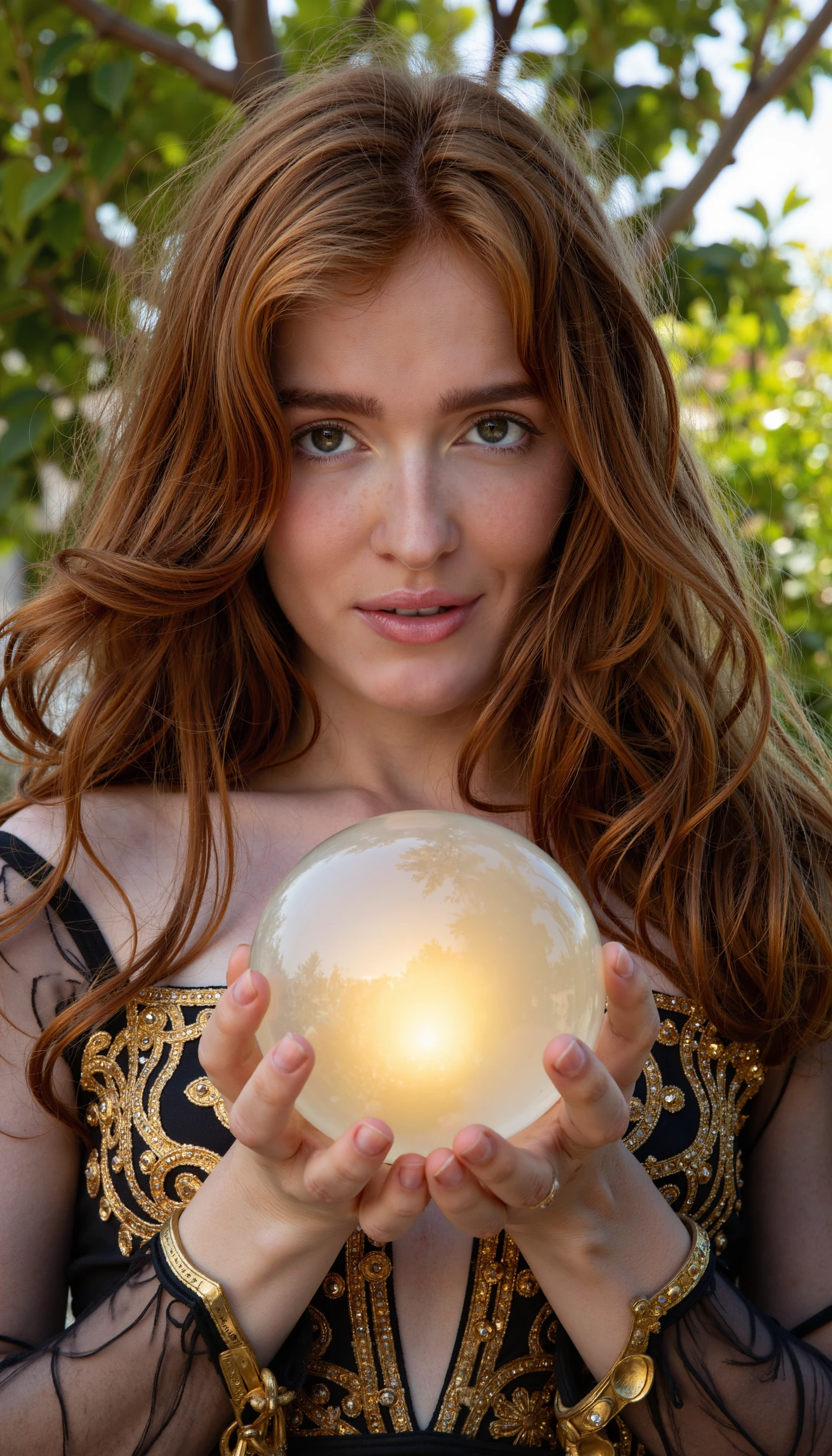 a photo of a woman p3r5on as an elf quin wearing glamorous intrcate dress made of lives and gold. she is holding a crystall ball in her hands