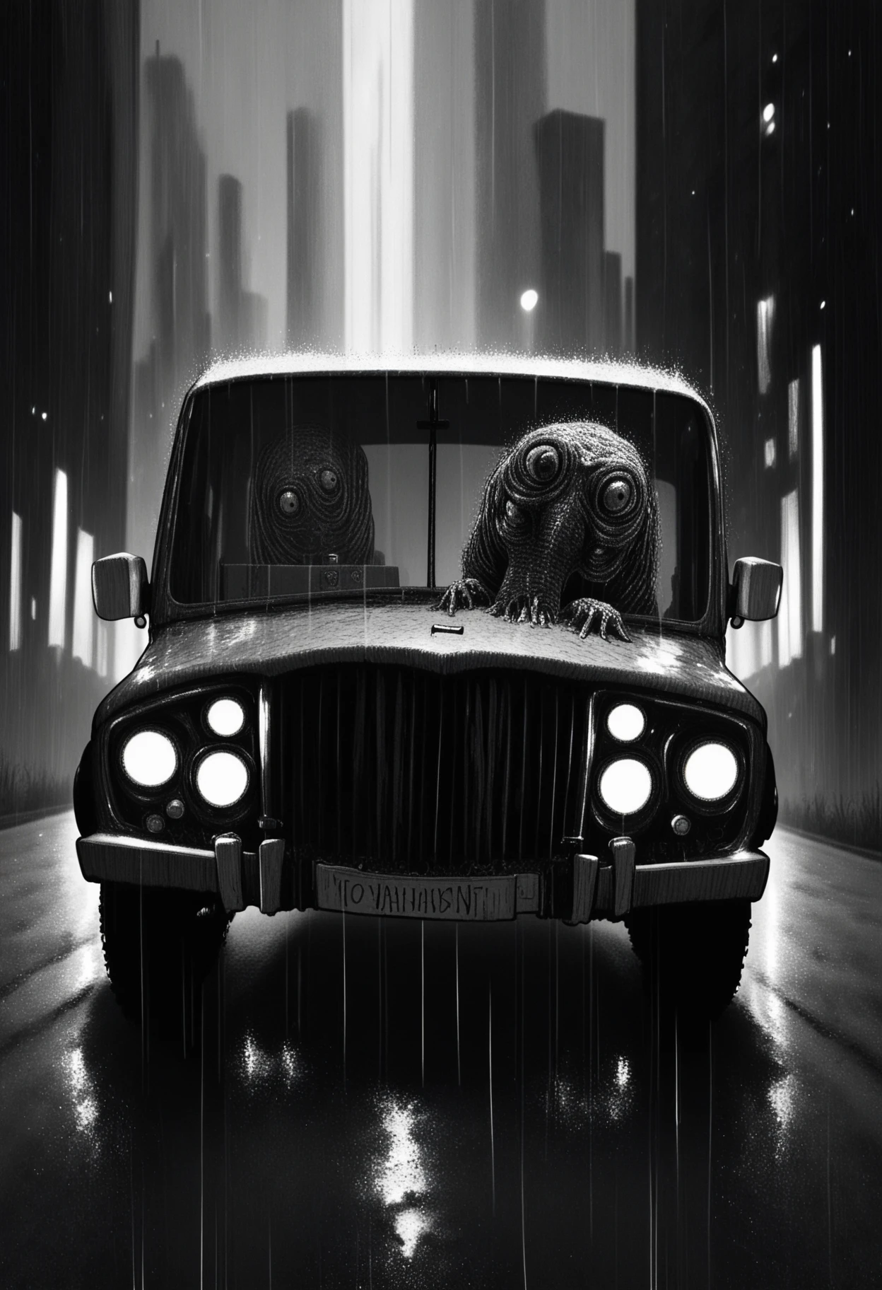 jitostyle, monochrome, greyscale, horror (theme), safe_pos, score_9, score_8_up, score_7_up, truck, monster, vehicle, city, night, rain