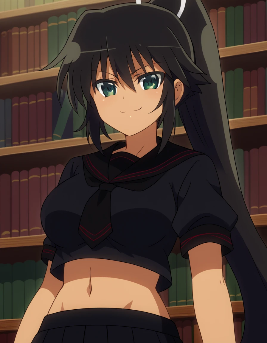 score_9, score_8_up, score_7_up, source_anime, <lora:sk-homura-s1-ponyxl-lora-nochekaiser:1>, homura, long hair, black hair, ribbon, very long hair, green eyes, hair ribbon, ponytail, dark skin, dark-skinned female, large breasts,, navel, school uniform, serafuku, midriff, crop top, black serafuku,, library, shelves, books, tables, quiet, , <lora:seductive-smile-ponyxl-lora-nochekaiser:1>, seductive smile, come hither, naughty face,, looking at viewer, solo,, dutch angle, cowboy shot