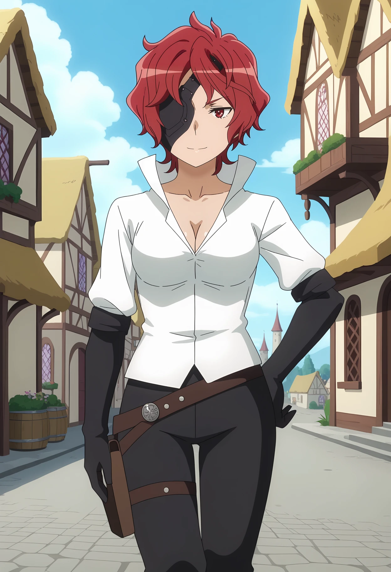 score_7_up, anime screencap,
<lora:DanMachi_HephaistosXL:0.9>,
1girl, solo, closed mouth, light smile,
short hair, red hair, red eyes, eyepatch,
HephaistosDM, white shirt, high collar, cleavage, elbow gloves, black gloves, brown belt, belt pouch, black pants,
hand on own hip, standing, looking at viewer,
outdoors, town, medieval, blue sky