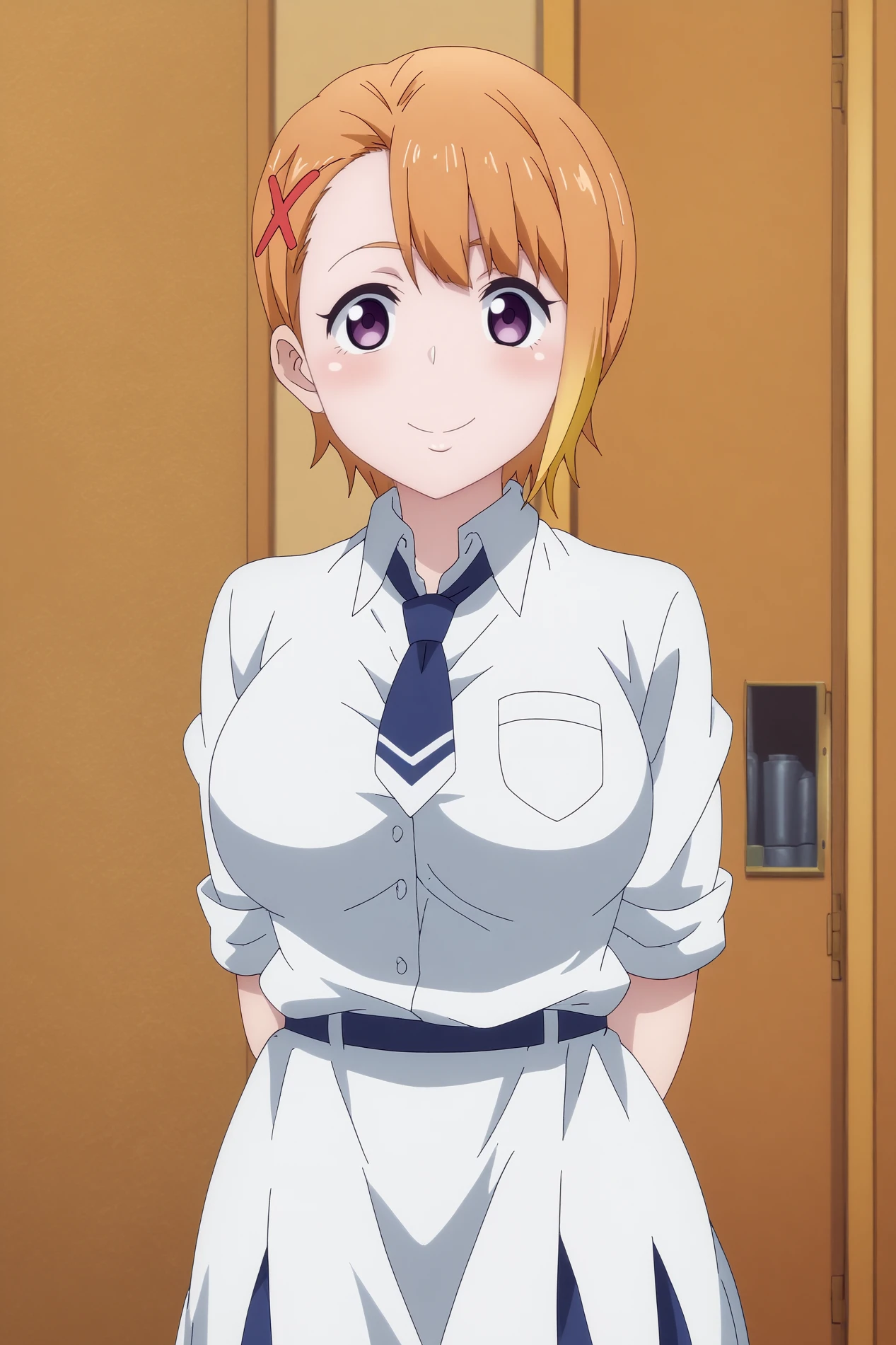 hana yurikawa,1girl,solo,hair ornament,x hair ornament,short hair,hairclip,blonde hair,necktie,school uniform,smile,shirt,looking at viewer,breasts,large breasts,standing,mature,cowboy shot,arms_behind_back,salute
BREAK
indoors,locker_room,corridor,school corridor



<lora:Hana_Yurikawa_-_Mieruko_Chan.safetensors:0.8>
<lora:detailed_backgrounds_v2.safetensors:0.5>
