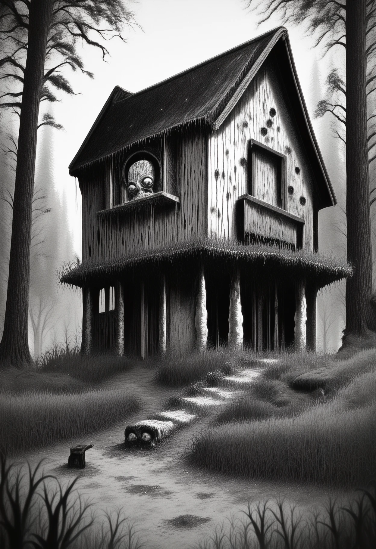 jitostyle, monochrome, greyscale, horror (theme), safe_pos, score_9, score_8_up, score_7_up, scenery, scary house, trees, grass, suburban neighborhood