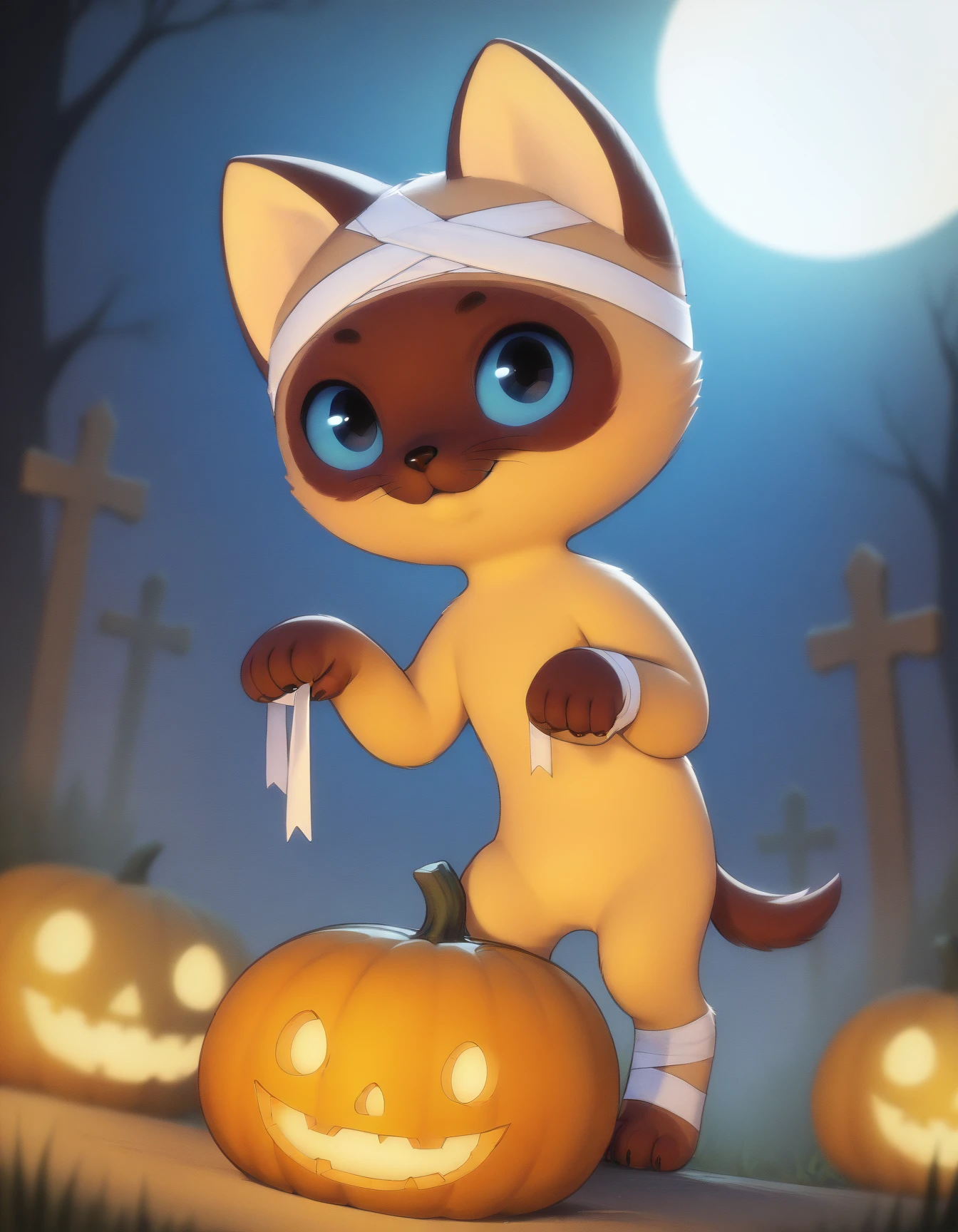 score_9, score_8_up, score_7_up, score_6_up, score_5_up, score_4_up, source_furry
kitten_named_Woof, blue sclera, black eyes, gold fur, brown face, portrait,  naked bandage, claw pose, dark forest, halloween pumpkins, full moon, fog, cemetery, ((looking at viewer))
 <lora:attire_nakedbandage_ponyXL:1> 
<lora:kitten_named_Woof_XL:0.9>