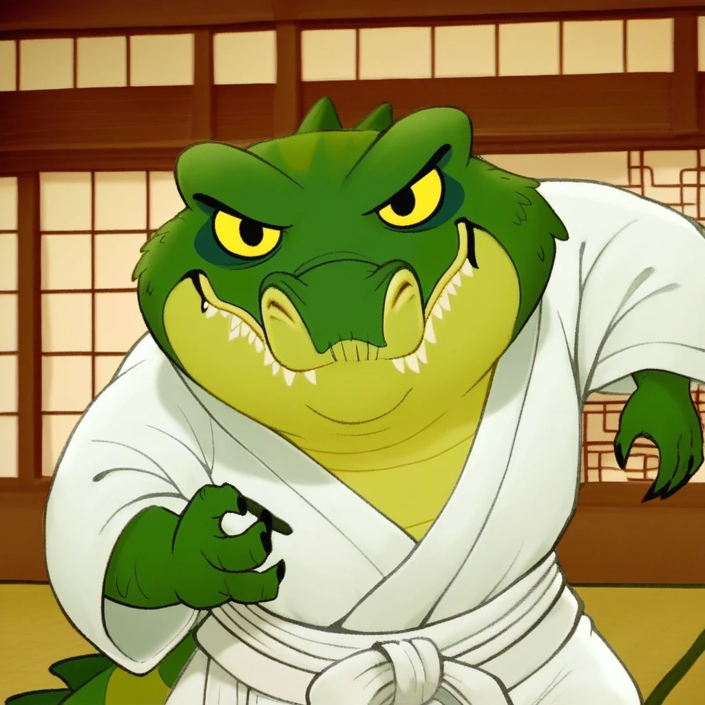 score_9, score_8_up, score_7_up, (((makuu, crocodile, scaly male))), solo, karate training, white karate kimono, traditional dojo, indoors