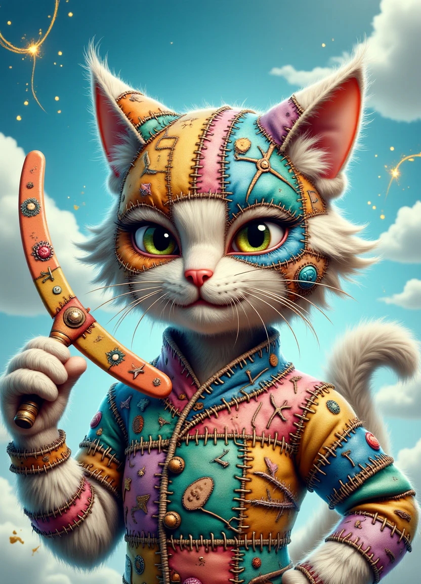 A vibrant digital painting of a whimsical female feline with a playful expression, surrounded by colorful patchwork textures and intricate seams that resemble a traditional Japanese art style. She holds a shimmering boomerang in her paw, set against a bright blue sky with fluffy white clouds and a few wispy strands of sparkling golden threads suspended in the air around her.