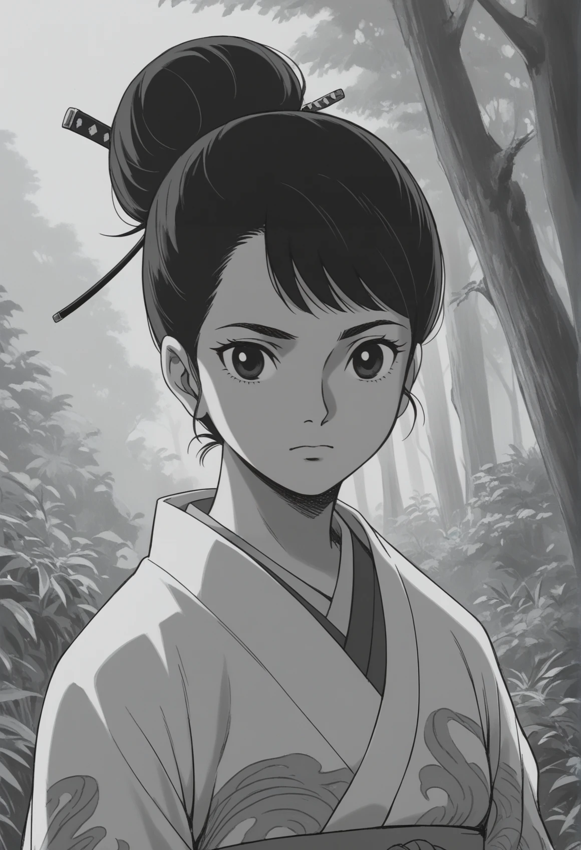 restro artstyle, 1970s \(style\), greyscale, (monochrome), 1girl, black hair, black eyes, single hair bun, kimono, holding katana, outdoors, forest, close-up, upper body <lora:1970_shonen:1>, score_9, score_8_up, score_7_up, score_6_up, score_5_up, score_4_up, BREAK source_anime, masterpiece