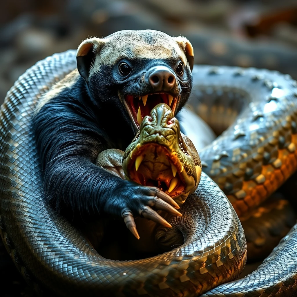 a honey badger fighting a large brownish-greenish anaconda. The snake wrapped its mighty rings around the honey badger, but the honey badger clung to the snake's head with its grinning teeth. The scene is very expressive and the lighting and camera angle emphasize the tension of the fight <lora:honey_badger:1>