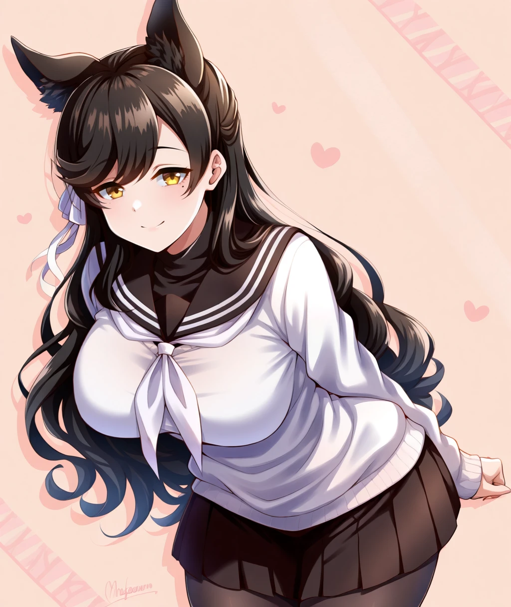 masterpiece, best quality, solo, anime,  1girl, mlatagotram, black hair, black undershirt, extra ears, hair ribbon, large breasts, long hair, mole under eye, serafuku, swept bangs, yellow eyes,  black pantyhose, white kerchief, white sweater, pleated skirt,  , yellow eyes, smile, mole under eye, cowboy shot,   <lora:atago-ilxl-ft1_1:0.9>