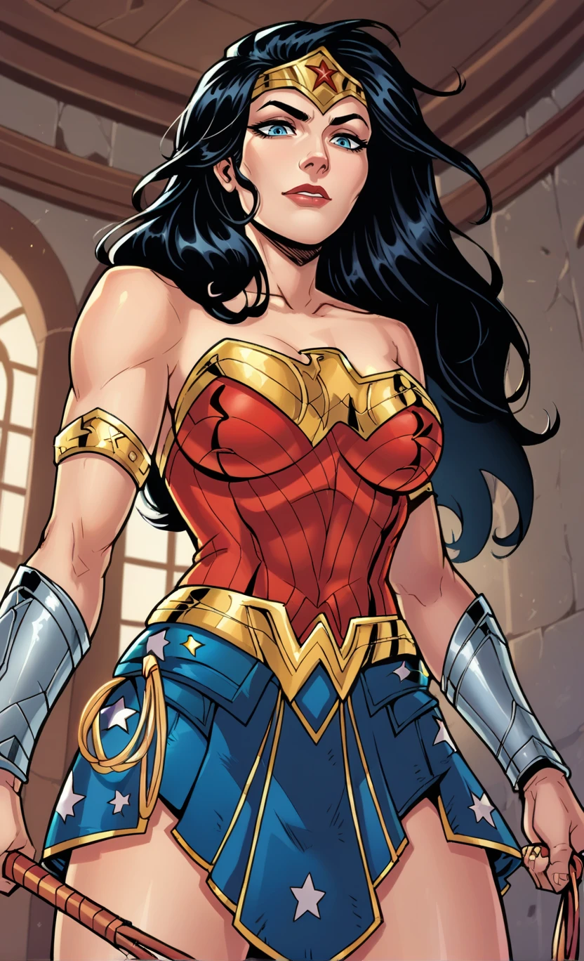 score_9,score_8_up,score_7_up BREAK <lora:WonderwomanRB:1>,WonderwomanRB,1girl,solo,long hair,blue eyes,skirt,black hair,cleavage,bare shoulders,collarbone,armor,tiara,armlet,bracer,whip,superhero,cowboy shot,room,room background,from below,