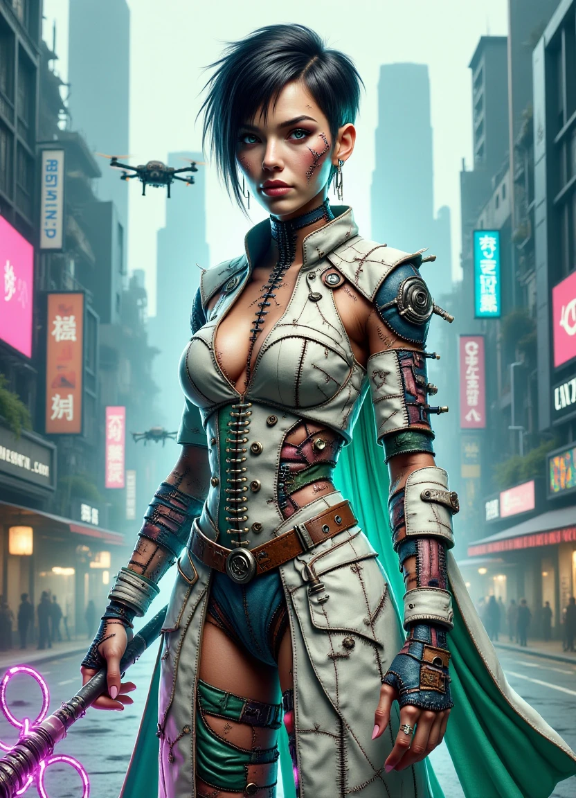 A cyberpunk-inspired female cyborg with a patchwork body made of various technological components and organic flesh, covered in intricate seams and stitching. Her face is serene and determined, with piercing blue eyes and short, spiky black hair. She wears a flowing white coat adorned with glowing circuitry patterns, and holds a staff infused with magical energy. In the background, a cityscape of towering skyscrapers and neon-lit streets stretches out, with holographic advertisements and drones zipping by. The overall atmosphere is one of high-tech wonder and mystical power.