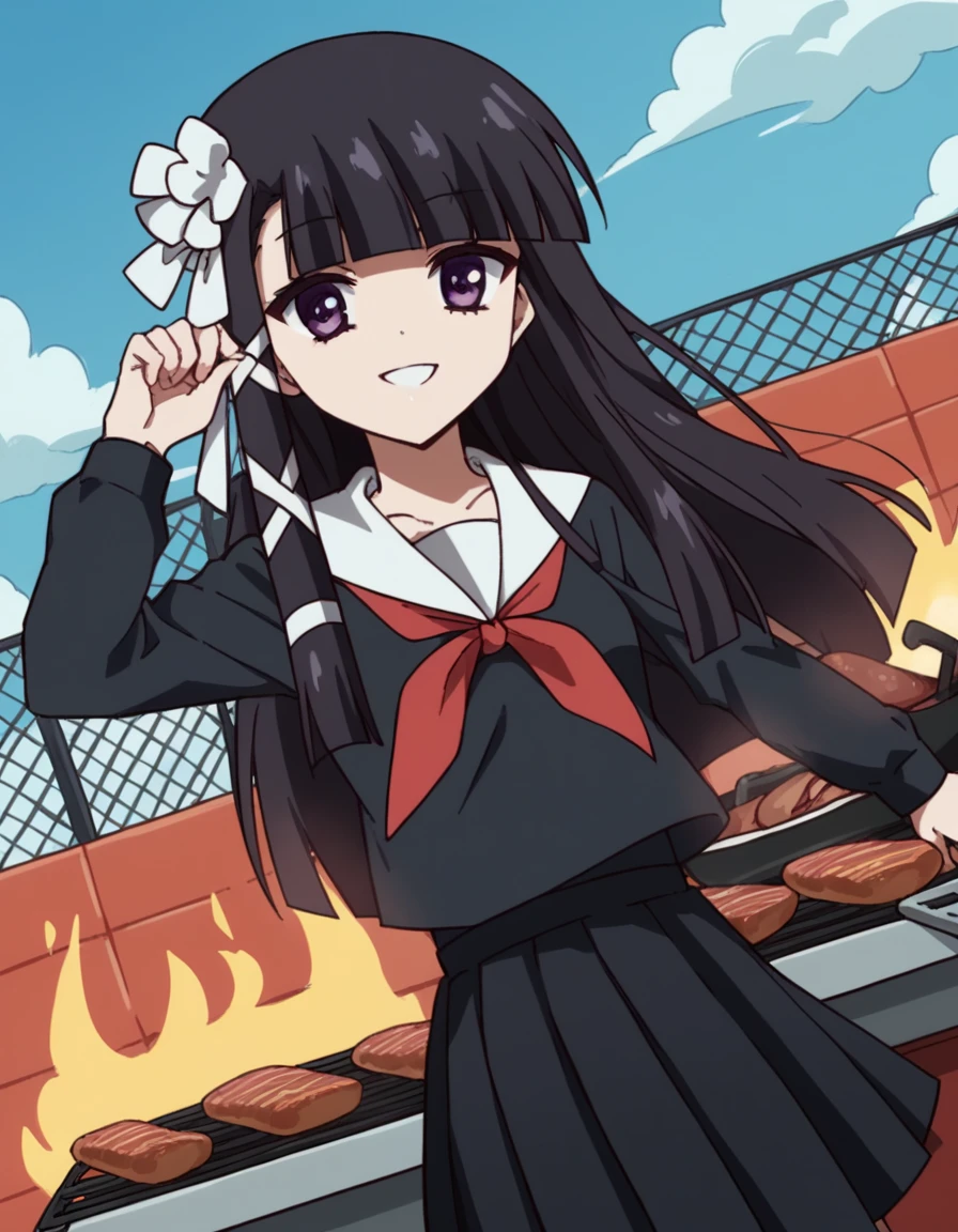 score_9, score_8_up, score_7_up, source_anime, <lora:momoko-suzuki-AA-ponyxl-lora-nochekaiser:1>, momoko suzuki, long hair, bangs, black hair, ribbon, purple eyes, hair ribbon, blunt bangs, hime cut, skirt, long sleeves, school uniform, pleated skirt, serafuku, black skirt, black serafuku, red neckerchief,, backyard, barbecue, grilling, laughter, summer evening, smile, smile, looking at viewer, solo,, dutch angle, cowboy shot