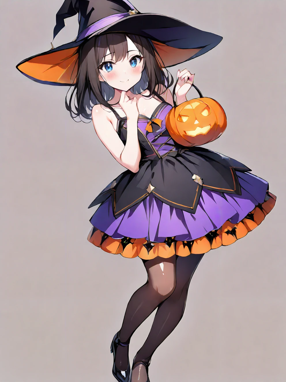 masterpiece,ultra-detailed,best quality,8K,illustration,cute face,clean skin ,shiny hair,girl,ultra-detailed-eyes,simple background <lora:witch_illustrious_V1.0:0.6> jyojifuku, witch, witch hat, dress, pantyhose, halloween, skirt