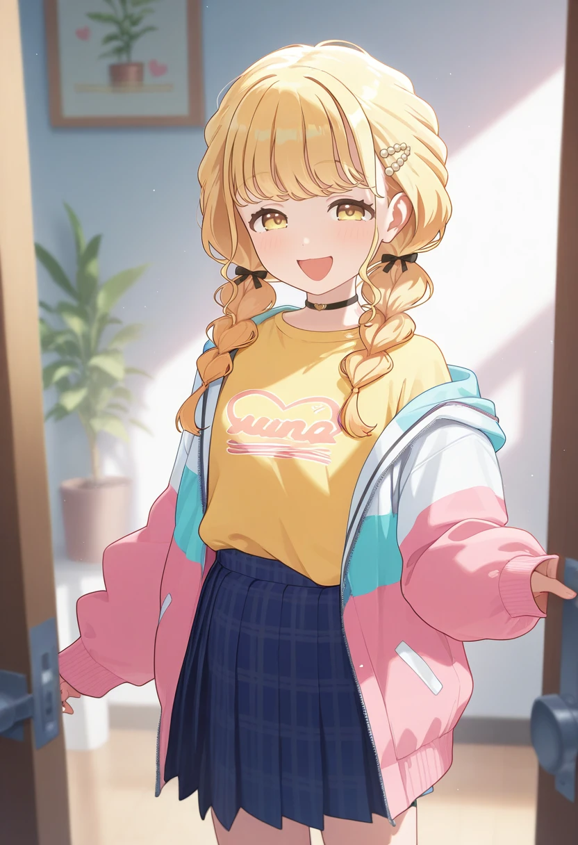 1girl, fujita kotone, twin braids, long hair, blonde hair, hair ornament, bangs, twintails, yellow eyes, small breasts, yellow shirt, multicolored jacket, sleeves past wrists, blue skirt, plaid skirt, pleated skirt, <lora:Fujita_Kotone-03:0.8>, looking at viewer, solo, black choker, cowboy shot, :d, blush, hanging scroll, happy, heart print, indoors, light particles, open door, open mouth, potted plant, smile, , detailed eyes, volumetric lighting, shiny skin, humid skin, BREAK, best quality, amazing quality, highres, absurdres, very aesthetic, high resolution, ultra detailed, perfect details <lora:nyalia:0.4>