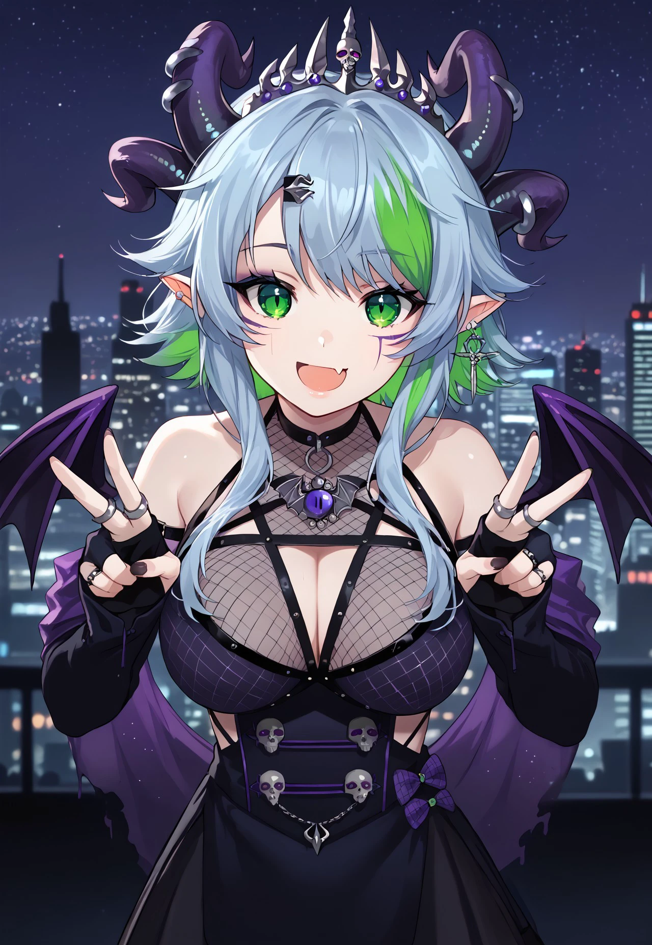 safe_pos, 1girl, solo, solo focus, highres, absurdres, Froot1st, demon girl, facial mark, horns, multiple horns, green hair, green eyes, multicolored hair, pointy ears, demon horns, jewelry, short hair with long locks, blue hair, tiara, streaked hair, earrings, bangs, skull, sidelocks, hair ornament, colored inner hair,
demon wings, cleavage, cleavage cutout, clothing cutout, dress, choker, detached sleeves, fishnets, bare shoulders, skirt, gloves, fingerless gloves, ring,
looking at viewer, double v, smile, open mouth, skin fang, head tilt,
cityscape, night, night sky, dark, backlighting, silhouette,