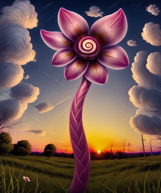 <lora:SpiralcorisSharp50DreamShSkip4:0.8> a flower with spiral core, sky, sunset, realism