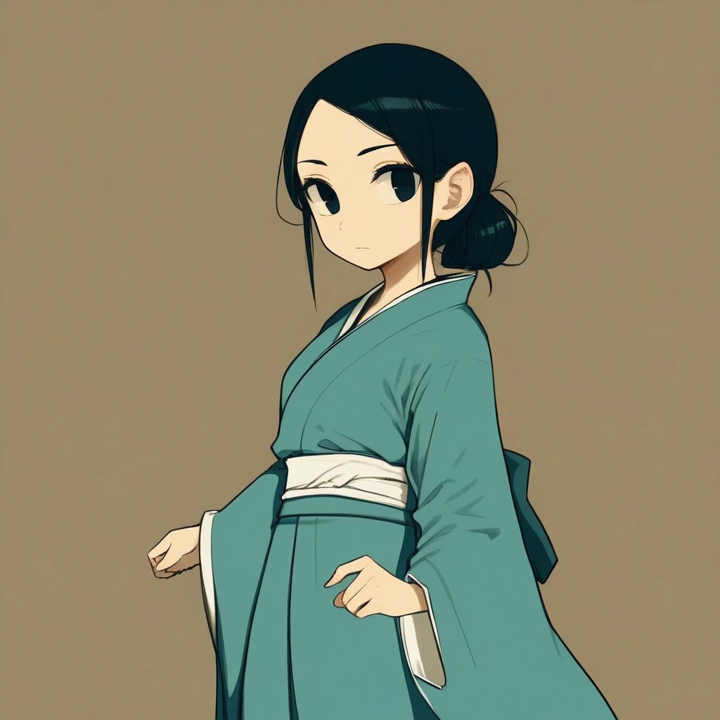 solo, 1girl, kimono, dress, black hair, single hair bun, robe, shirt, wide sleeves, closed mouth