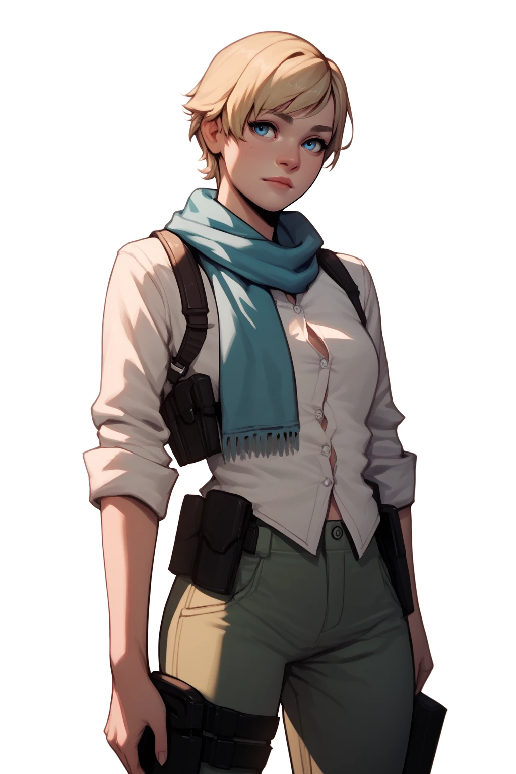 <lora:RE_SherryBirkin-PONY:0.8> 1girl, solo, short hair, blonde hair, blue eyes, cowboy shot, white background, sherrydef, scarf, shoulder holster, pants, button shirt, sleeves rolled up, green pants, score_8_up, score_7_up, score_6_up, score_5_up, score_4_up,