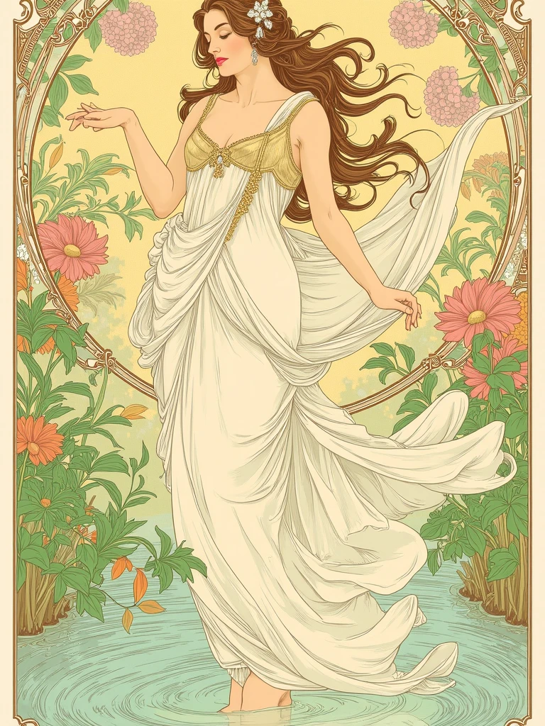 A Woman in a Grecian Dress with Flowers, Surrounded by Nature and Reflections Alphonse Mucha Style