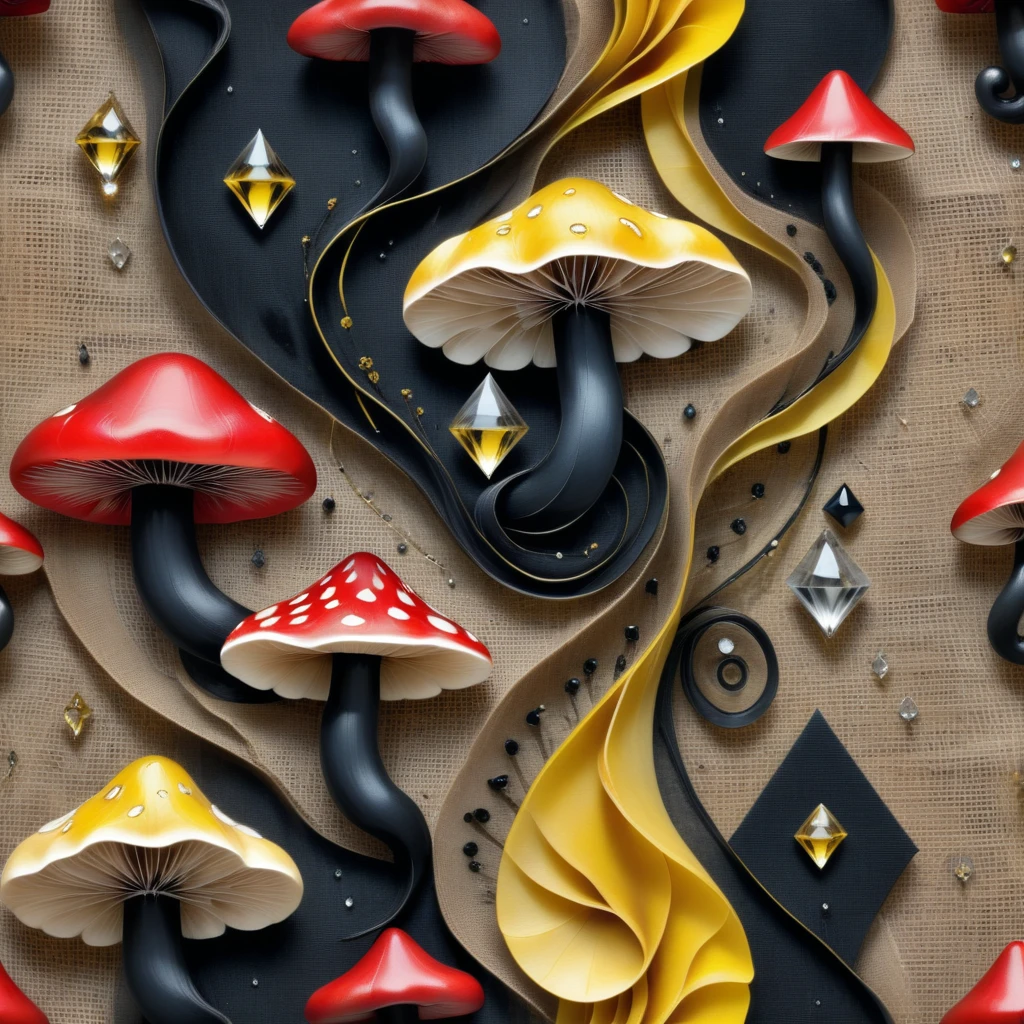 geometric nature print, fungi, diamonds, resin, burlap, illusionism style, Raised Texture, red, yellow, and black, spiral pattern, bokeh effect, vibrant highlights accents, grid-based, leather-like texture, satin finish  <lora:artfully_SOFTSUBTLE:1>, soft and subtle,