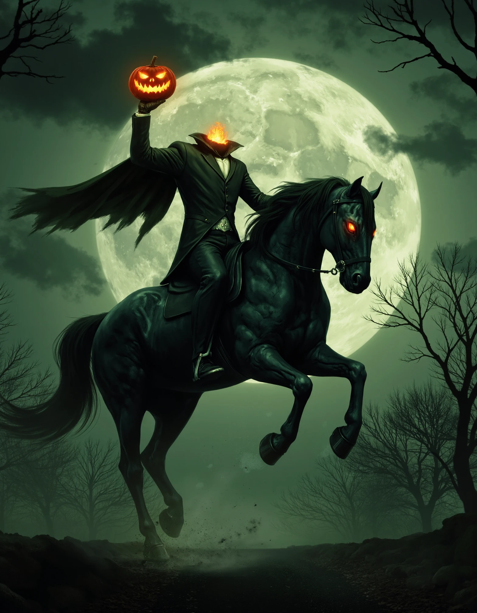 zavy-hdlsshrsmn, Low-angle shot capturing the headless horseman in a dynamic pose atop a galloping black stallion, dark cloak billowing behind, fiery pumpkin held aloft, moonlit night sky filled with swirling clouds, eerie forest silhouette in the background casting long shadows, gothic horror photographic style with high contrast sharpness, muted greens and deep oranges accented by stark blacks and silvery greys.