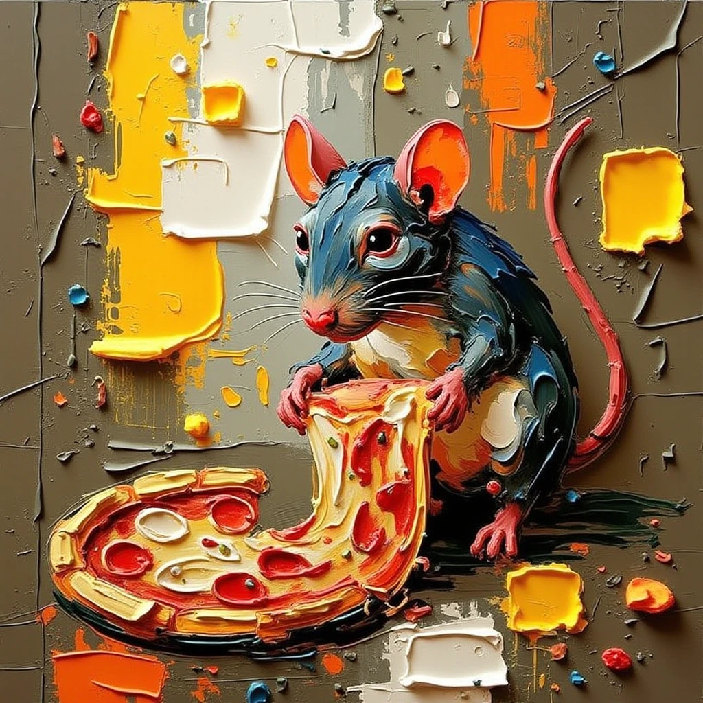 impaflux painting rat eats pizza, oil technique