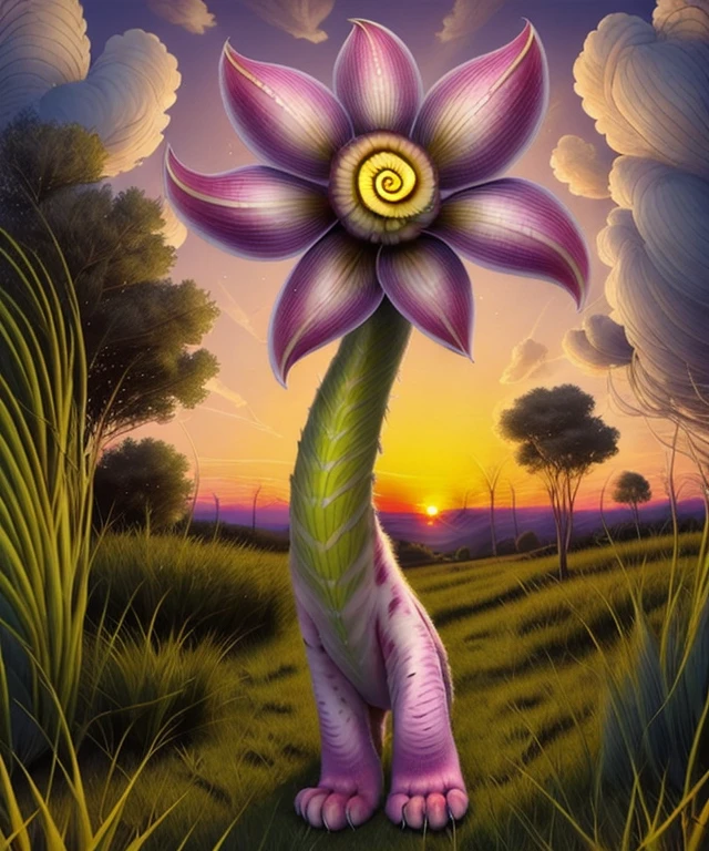 <lora:SpiralcorisSharp50DreamShSkip4:0.8> a plant with spiral core, animal, blue yellow pink, paws, grass, sunset, realism