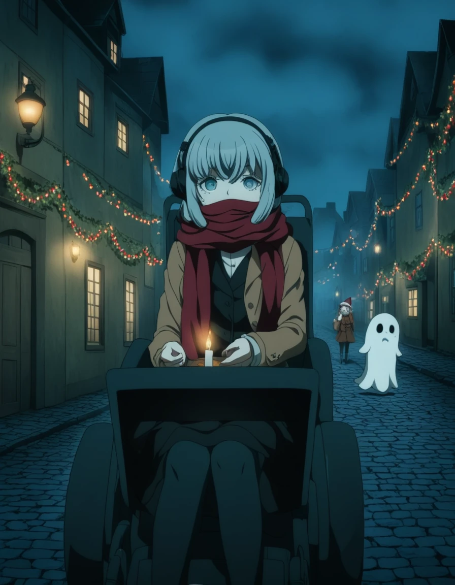 <lora:Miaya_Gekkogahara_SDXL:1>, This is an anime screencap from Danganronpa 3. Miaya Gekkogahara is sitting in her wheelchair. She has long eyelashes and her eyes are blue. She wears a brown jacket over a black vest over a white dress shirt. She has a red scarf on which covers her mouth and neck. She has a black skirt and black socks. Miaya has her blue-grey hair held back by light grey headphones. Miaya Gekkogahara is walking down a cobblestone street lined with old, Victorian-style houses. The houses are decorated with Christmas garlands, but the windows are filled with shadowy figures. Miaya stops to talk to a young ghost holding a candle, offering kind words. The foggy air and gas street lamps create an eerie glow, making the scene both festive and haunting.