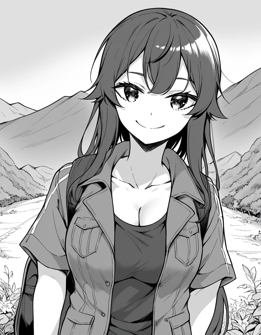 score_9, score_8_up, score_7_up, source_anime, <lora:hashira-harumachi-manga-ponyxl-lora-nochekaiser:1>, hashira harumachi, long hair, bangs, monochrome, greyscale, large breasts,, shirt, cleavage, collarbone, jacket, short sleeves, jacket on shoulders,, mountain trail, hiking, nature, backpack, adventure, fresh air, smile, <lora:seductive-smile-ponyxl-lora-nochekaiser:1>, seductive smile, come hither, naughty face,, looking at viewer, solo,, dutch angle, cowboy shot