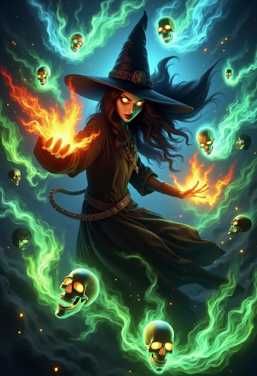 skelewitch, a witch, casting spell, with hands engulfed in fiery blaze, radiant glowing eyes, surrounded by swirling vortex of green and blue flame-formed skulls and skeletons, amidst ethereal aura, pulsing energy flow, and turbulent wind whispers,