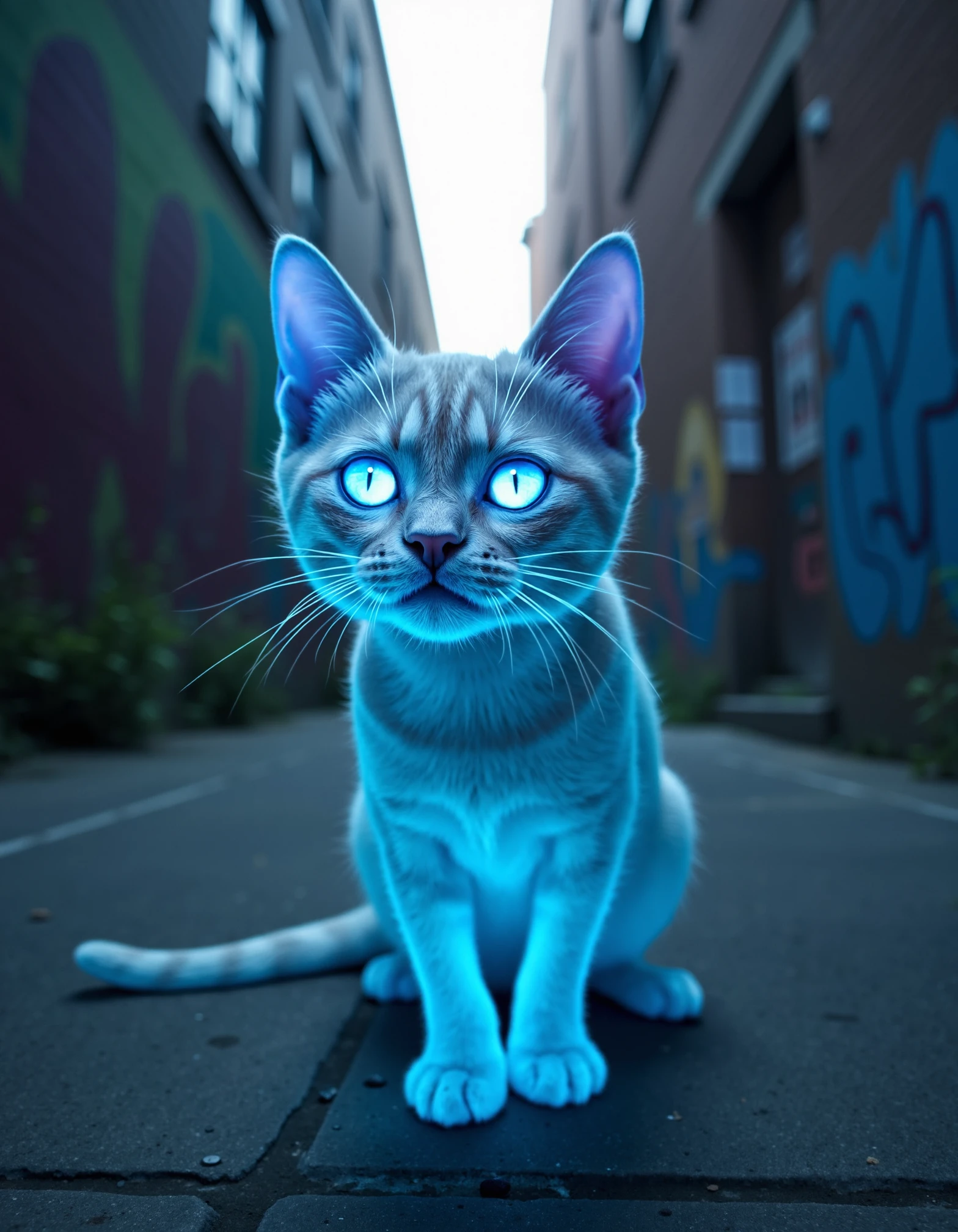 zavy-spctrlglw, Close-up shot from a low angle, a spectral cat with a shimmering ethereal glow and luminescent eyes, an abandoned urban alleyway with graffiti on the walls, moody and cinematic style with soft focus highlighting the cat, muted blues and purples with hints of bright neon.