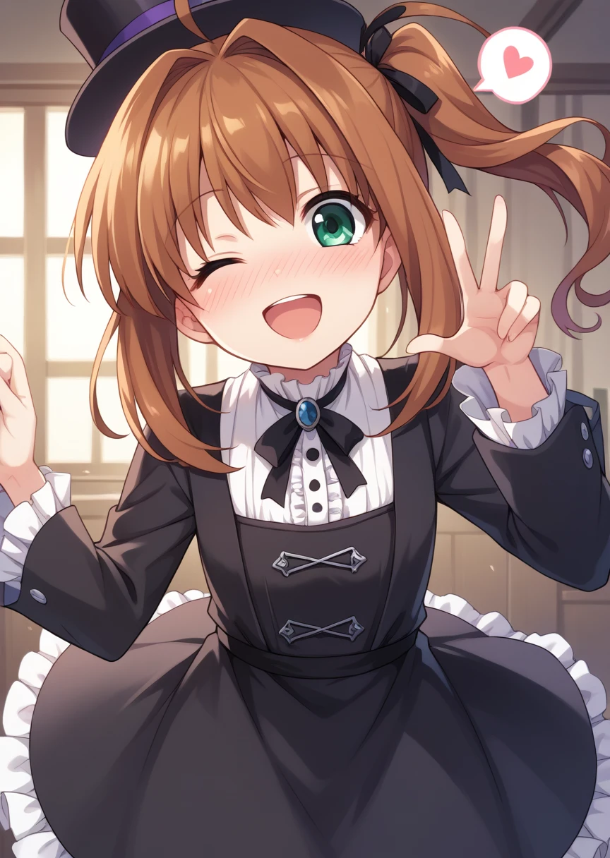 score_9, score_8_up, score_7_up, score_6_up, score_5_up, BREAK
Akar1, human, female, 1girl, solo, looking at viewer,side ponytail, blush, open mouth, brown hair, green eyes, hair ribbon, ahoge, :D, happy, smile, deep blush, nose blush, goth dress, dynamic pose, top hat, wink, spoken heart