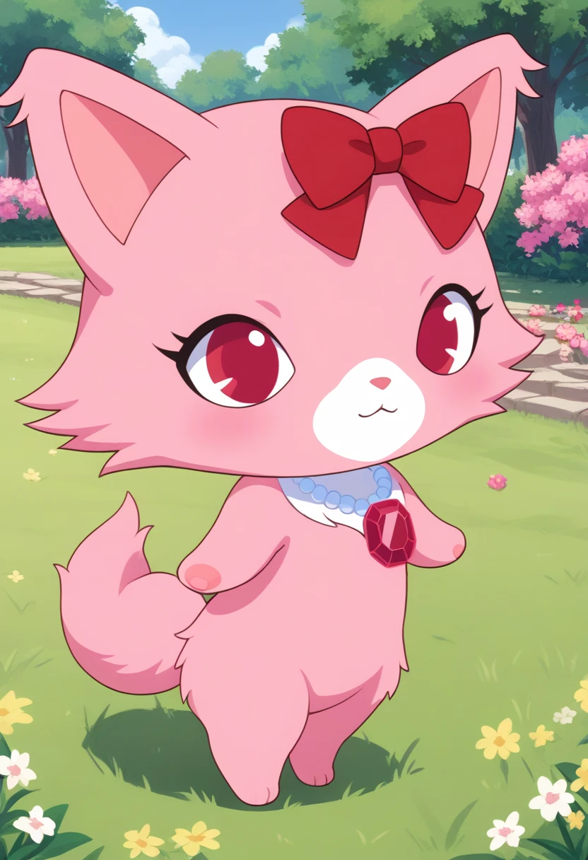 score_9, score_8_up, score_7_up, score_6_up, score_5_up, BREAK
garnet, anthro, female, jewelpet, solo, 1 bow, jewelry, standing, pink fur, (pink chest:1.2), tail, full body, red eyes, flower, hair bow, necklace, red bow, no humans, :3, cat, grass, gem, , pink paws, park, chibi