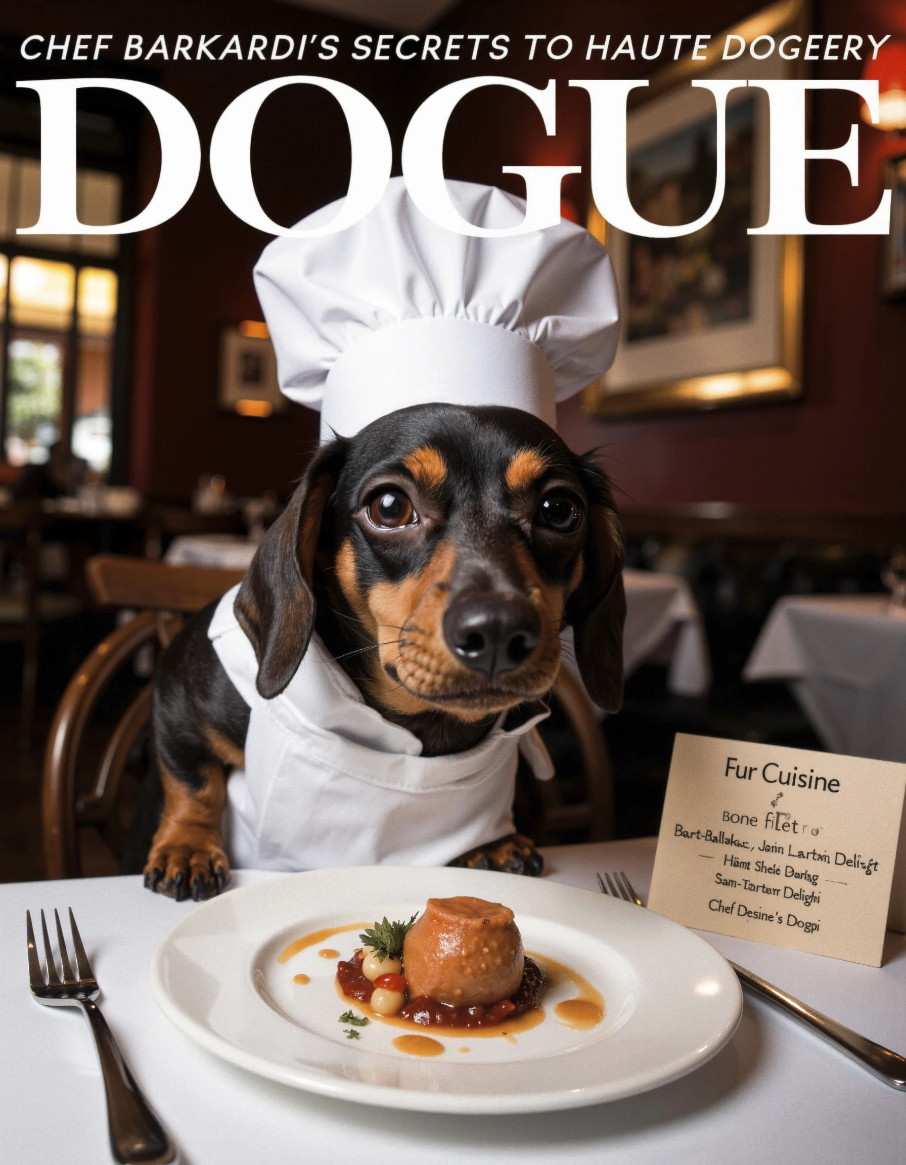 "DOGUE" magazine cover featuring a Dachshund or Pug dressed as a high-end gourmet chef. The dog wears a tiny chef’s hat and a little apron, sitting at a small, elegant dining table with gourmet "dishes" like a “Bone Filet” or “Ham-Tartar Delight” plated in front of it. A small menu board next to the dog reads “Fur Cuisine - Haute Doggery.” The background shows a luxurious, candle-lit restaurant setting with white tablecloths and soft, warm lighting. The cover text could say: “Chef Barkardi’s Secrets to Haute Cuisine.”

Style: Humorous, gourmet-restaurant parody, fancy and upscale.
Color Palette: Warm tones like dark wood, deep wine reds, and whites for a classic restaurant vibe.
Shot Angle: Slightly from below, making the dog look "larger than life," as if he’s the head chef surveying his work.
Expression and Details: The dog has a serious, almost snooty expression, as if he’s intensely evaluating the presentation of his gourmet creations.

