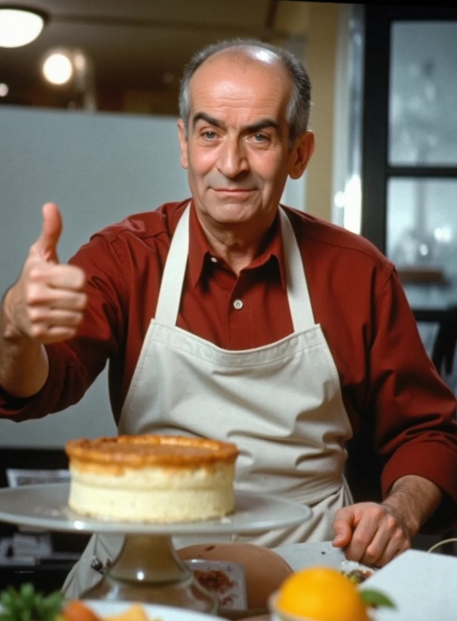 this high quality photo is depicting legendary french actor Louis de Funes a man 49 years old (defunex) that play a great chef, cooking a delicious soufflé au fromage, fantastic food in front of him, he is looking proudly at the viewer, a sense of great confidence in his eyes, his stance is straight and brave, he is wearing a cook uniform and apron, and a red casual shirt underneath, he is making a thumbs up sign with his left hand to signal the viewer everything is okay, ridiculously silly scene, real life, cinematic lighting, dynamic lighting, dramatic lighting, filmed by stanley kubrick, 2001 a space odyssey vibe, film grain, great composition, mysterious atmosphere, cliffhanger moment, he is performing one of his iconic grimacing facial expression