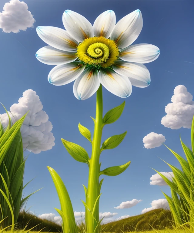 <lora:SpiralcorisSharp50DreamShSkip4:0.8> a flower with spiral core, daisy, sky, grass, floral texture, nature background, realism