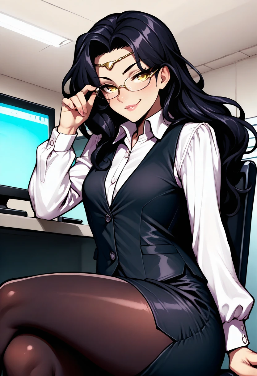 masterpiece, best quality, solo, androgynous,  <lora:NSLimstellaFE7Illu:1> NSLimstellaFE7, black hair, long hair, yellow eyes, circlet, office lady, black pantyhose, sitting, office, crossed legs, seductive smile, shirt, pencil skirt, computer, glasses, hand on eyewear