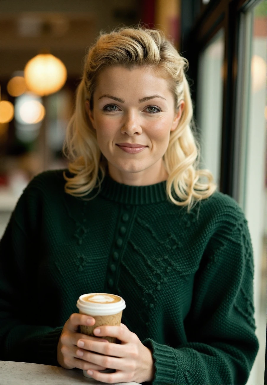 A professional photograph of a blonde haired young woman, Nell_McAndrew, wearing a dark green cable-knit sweater, holding a latte in a cafe, detailed skin, bokeh, SFW<lora:Nell_McAndrew:1>