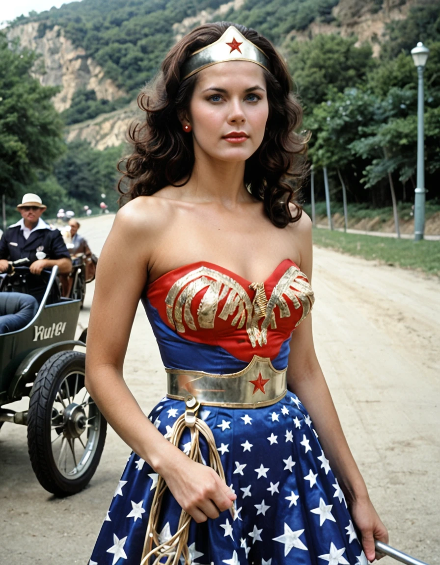 analog film photo , score_9, score_8_up, score_7_up, realistic,  photo, aesthetic erotic photography, depth of field, chiaroscuro, strong shadows, extremely high-resolution details, photographic,  <lora:WonderWRetroLindaCQuiron_PONY:0.77> wonderwomanretroquiron, wonderwomanretro, 1girl Walk the dog or care for pets. Wheelbarrow race: A race where one person holds another's legs while they "walk" on their hands., black hair, realistic, solo, long hair, bare shoulders, jewelry, breasts, star (symbol), earrings, lips, tiara, star print, blue eyes, headband, strapless, curly hair, american flag,  Eye Level Shot (means looking directly in front of a person), An elegant equestrian show with riders in formal attire, performing intricate maneuvers on majestic horses, by helmut newton . faded film, desaturated, 35mm photo, grainy, vignette, vintage, Kodachrome, Lomography, stained, highly detailed, found footage