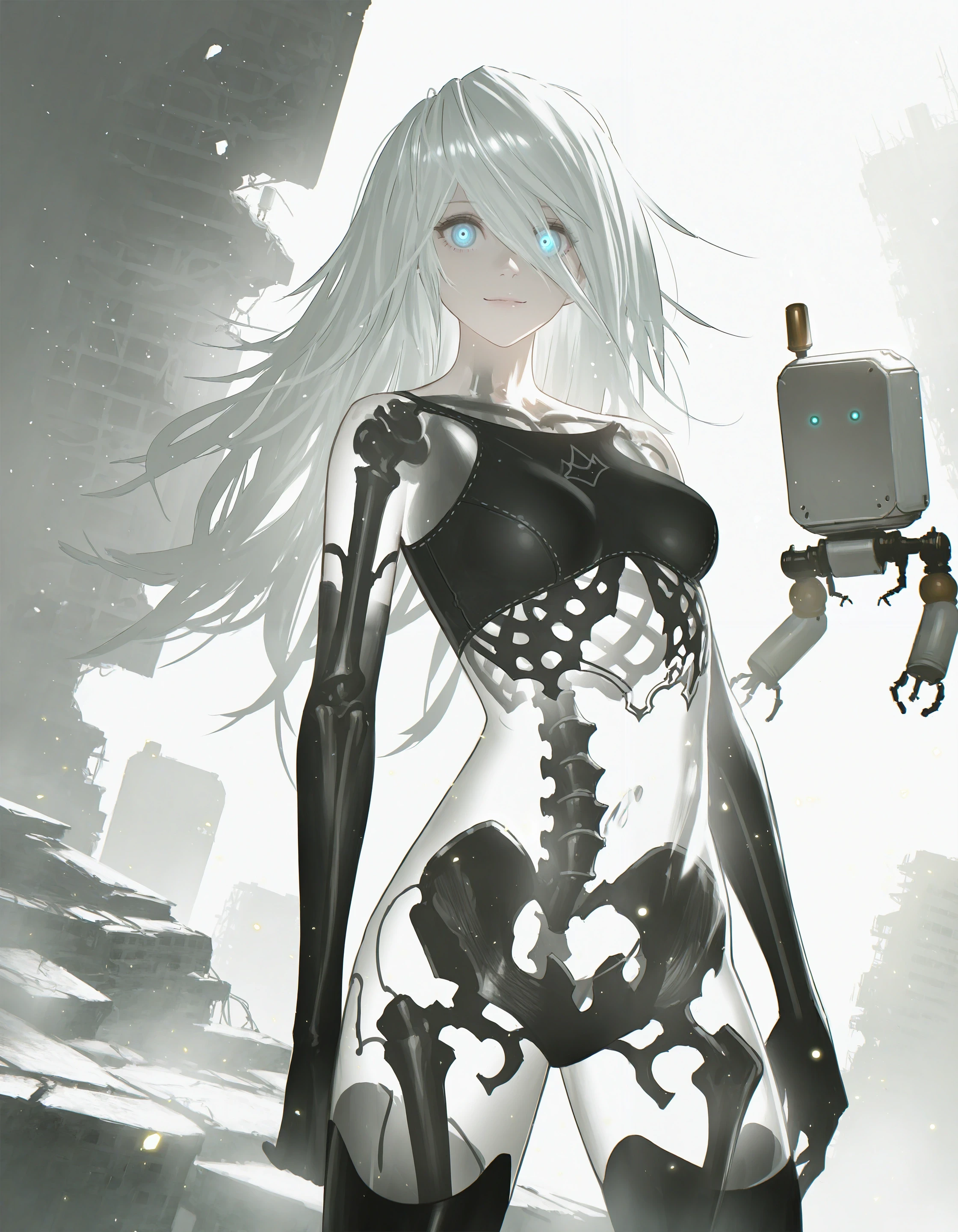 masterpiece, newest,
nier \(series\), nier:nier:automata, official art, reoen,
1girl, see-through body, skeleton, looking at viewer, ribs,
1girl, a2 \(nier:automata\), pod \(nier:automata\), bare shoulders, black tank top, android,
long hair, messy hair, pose, ruins, dusk, sunlight, light particles,
cover page, blue eyes, glowing eyes, light smile
<lora:concept_hollowbody-ill_1:1>