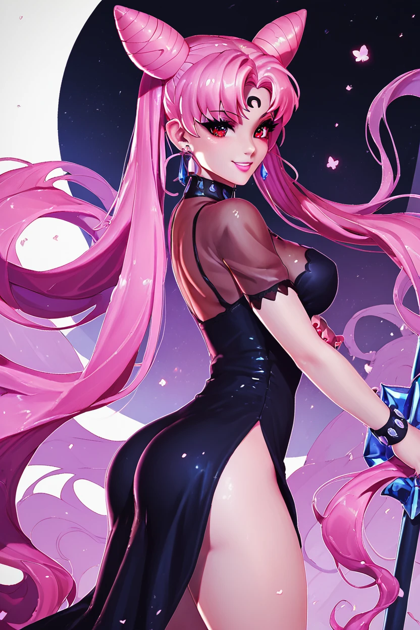 score_9, score_8_up, score_8, large breasts, (curvy), cute, eyelashes,       ,,, , ,,,  zzBlckLdy, red eyes, pink hair absurdly long hair, pink hair, absurdly long hair, see-through, black dress,   <lora:BlackLady_PDXL_v4:0.8>,        ,,,, BREAK, smile, looking at viewer, cowboy shot, side view, ass,  ,,, embedding:zPDXL, Expressiveh, ,,, <lora:Zy0n7_PDXL:0.8>, <lora:SDXLFaeTastic2400:0.5>, <lora:Expressive_H-000001:0.4>,