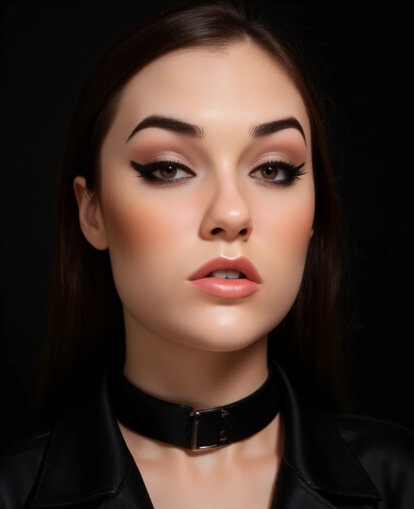 <lora:Sasha_Grey_Porn_Star:1> sasha grey wearing a black bdsm collar, wearing a black letterman jacket, sfw  <lora:aidmaNSFWunlock-PonyStyle:0.8> aidmansfwunlockfluxponystyle, closeup portrait photography, beautiful eyes, capturing emotion, personality, flattering lighting, professional, engaging, compelling composition