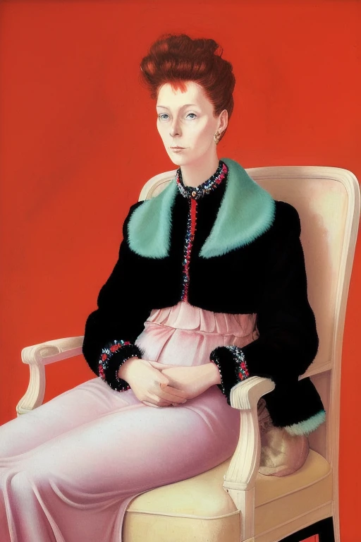 surrealist painting of a woman with a long velvet dress on a red background sitting on a chair by fini<lora:Fini_AI_LoRA_v1.2:1>