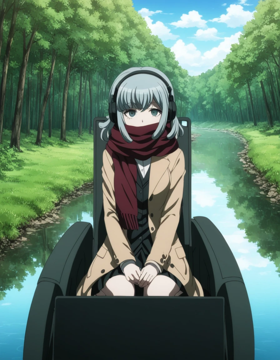 <lora:Miaya_Gekkogahara_SDXL:1>, This anime screencap is from Danganronpa the Animation. Miaya Gekkogahara is sitting in her wheelchair. She is wearing a long dark red scarf over a white dress shirt. The scarf covers most but not all of her mouth. She is also wearing pale brown jacket a black vest and a black skirt. Miaya has her blue-grey hair held back by light grey headphones. green leaves, forest canopy, green branches, brown branches, bare branches, water reflection, green grasses, forest river, natural light, spring, daytime, clear sky, forest stream