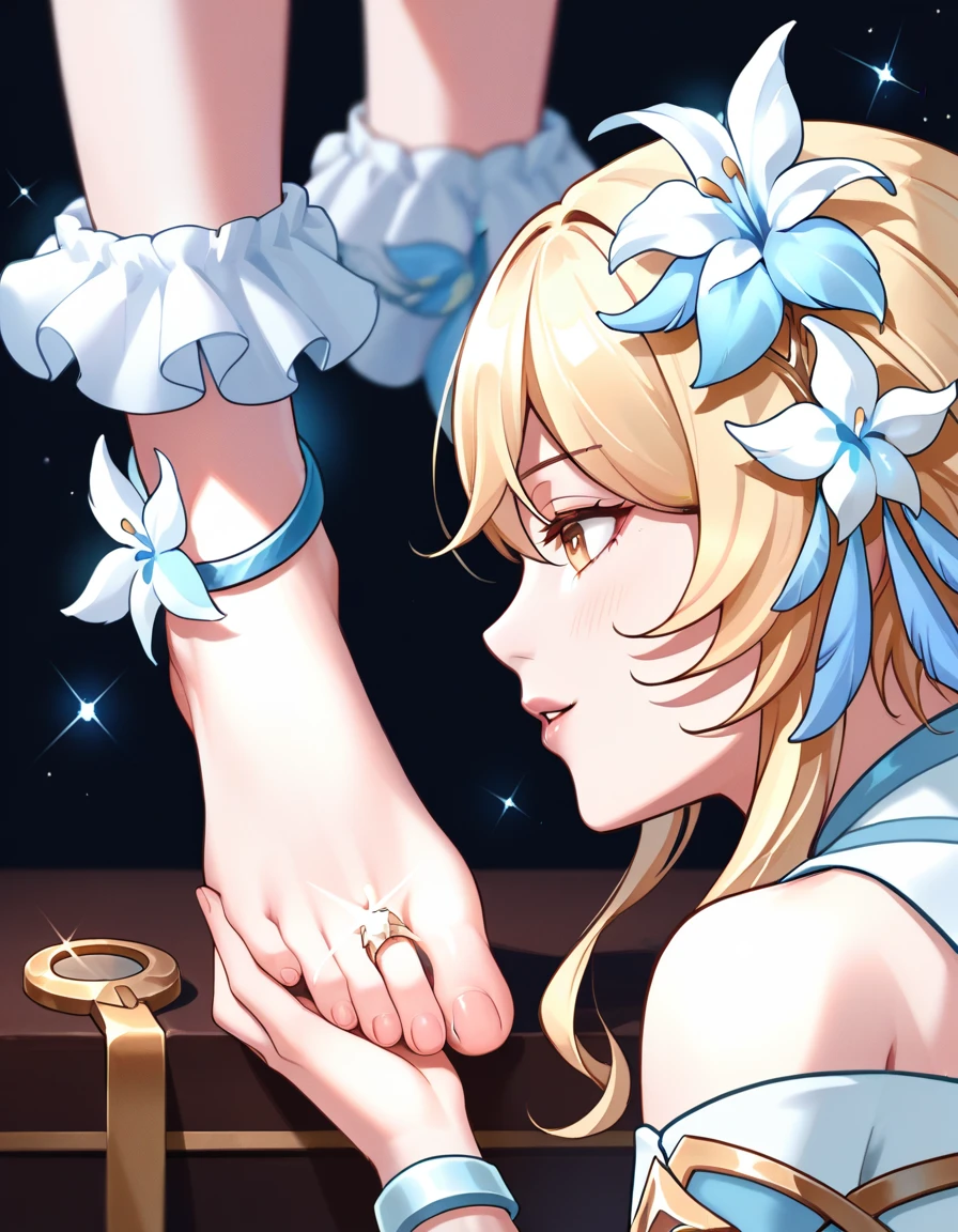 score_9, score_8_up, score_7_up, lumine_(genshin_impact), flower, hair_ornament, hair_flower, feet, jewelry, blonde_hair, ring, toes, white_background, barefoot, multiple_girls, simple_background, foot_focus, 2girls, glint, feather_hair_ornament, sparkle, feathers, bare_shoulders, white_flower, close-up, yuri, short_hair_with_long_locks, dress, 1girl, parted_lips
