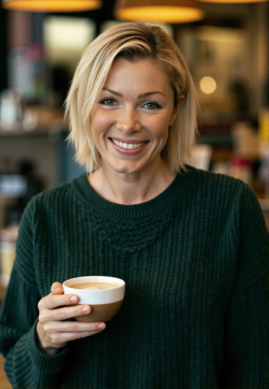 A professional photograph of a young woman with short blonde hair, Nell_McAndrew, wearing a dark green cable-knit sweater, holding a latte in a cafe, detailed skin, bokeh, SFW<lora:Nell_McAndrew:1>