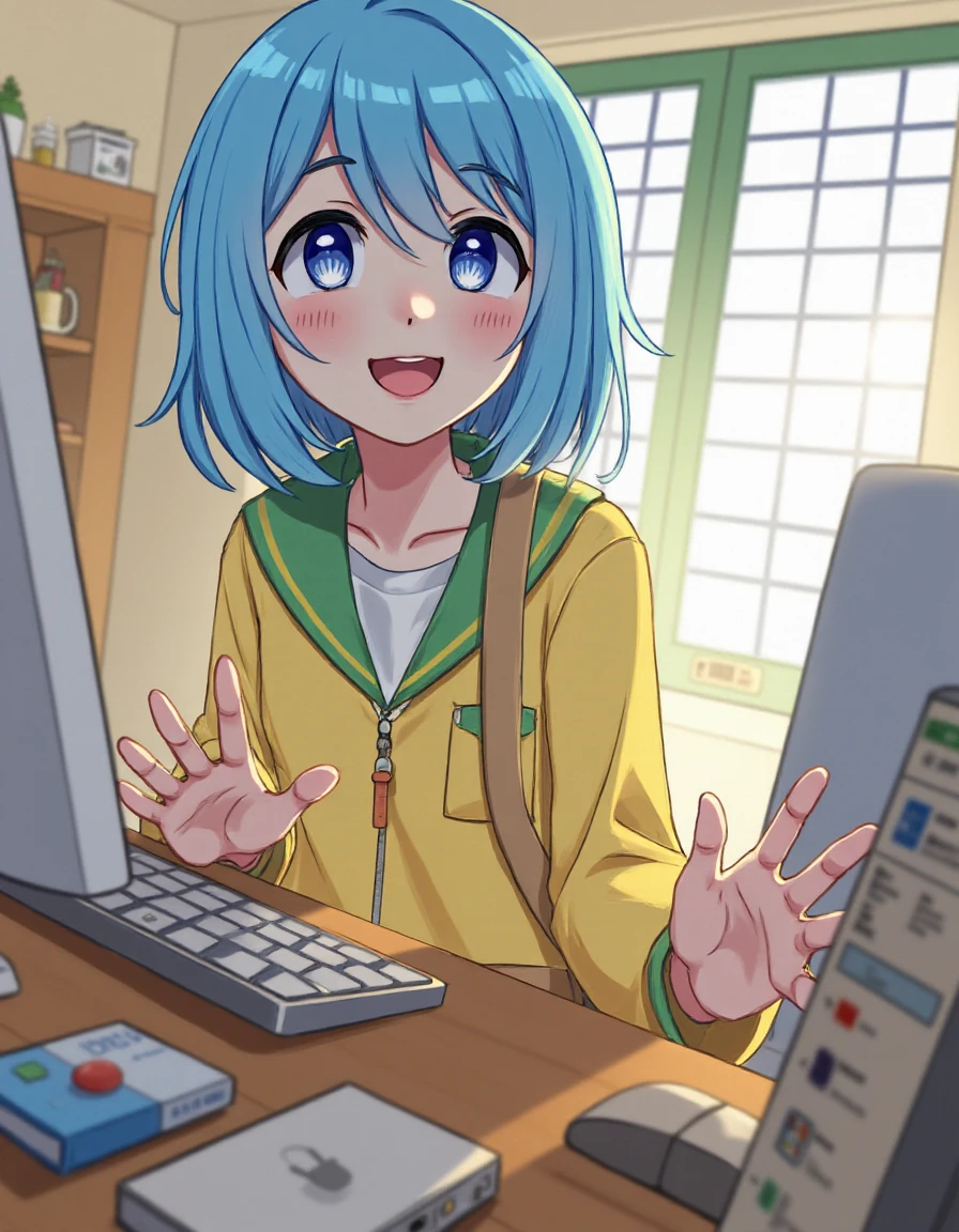 luce in a school uniform, luce as a YouTube Blogger, anime style <lora:luce_flux:1>