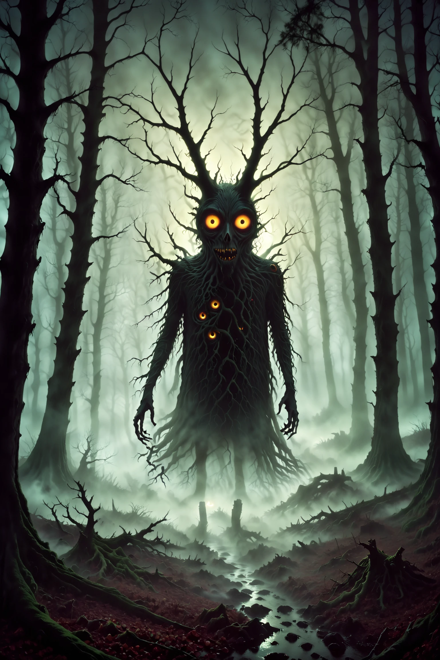 Forest, night, fog, eerie, dark, strange otherworldly glow, eyes gaze back from the darkness, dim light ambient natural moonlight, bizarre creepy, trees almost seem alive, pareidolia of horrors, vivid professional animation, bad dream