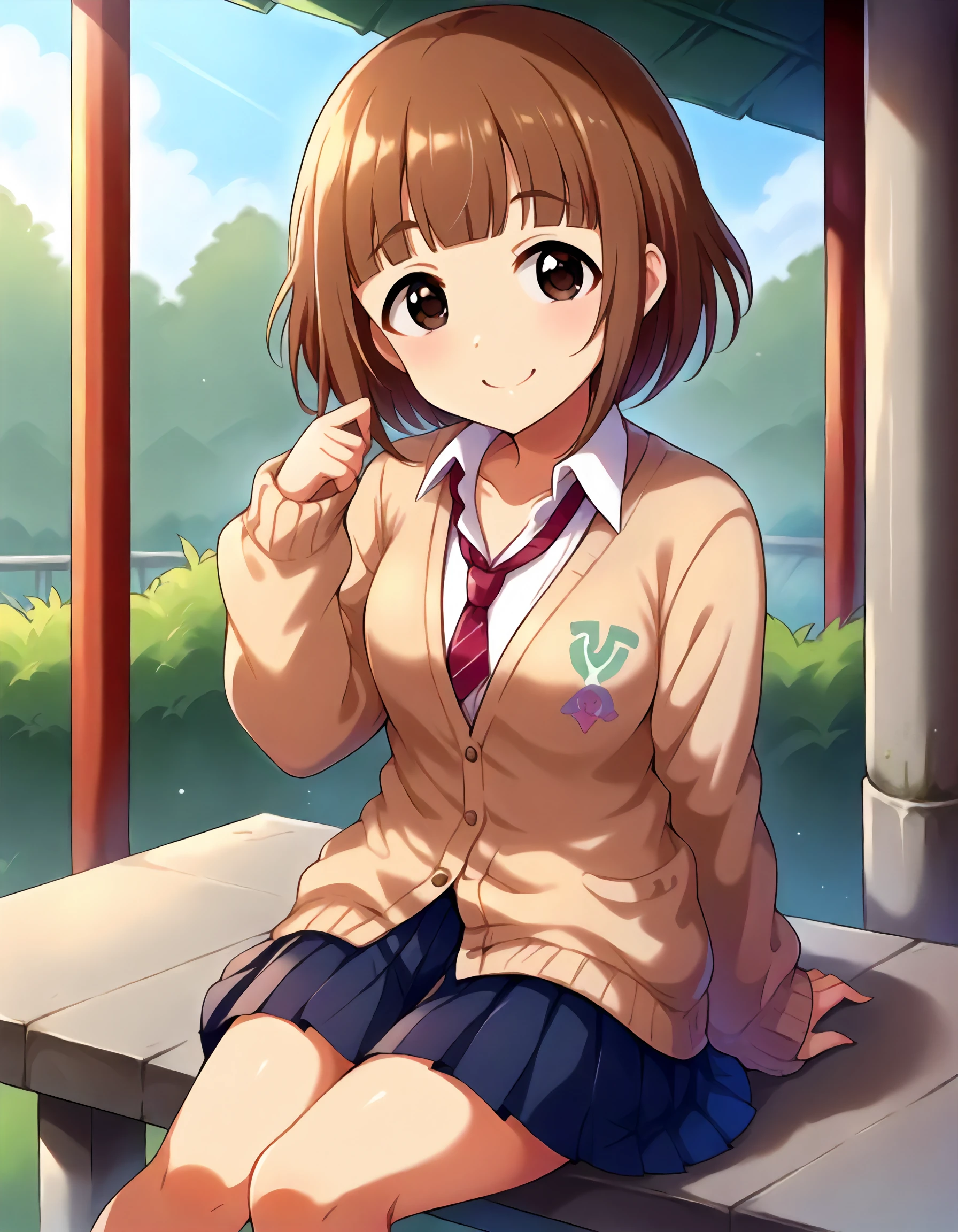 score_9,score_8_up,score_7_up,1girl,solo,sitting,looking at viewer,smile,closed mouth,outdoors,
<lora:kitamiyuzu_ponyXLV6:0.8>,cgky,
brown hair,short hair,blunt bangs,brown eyes,
cardigan,red necktie,pleated skirt