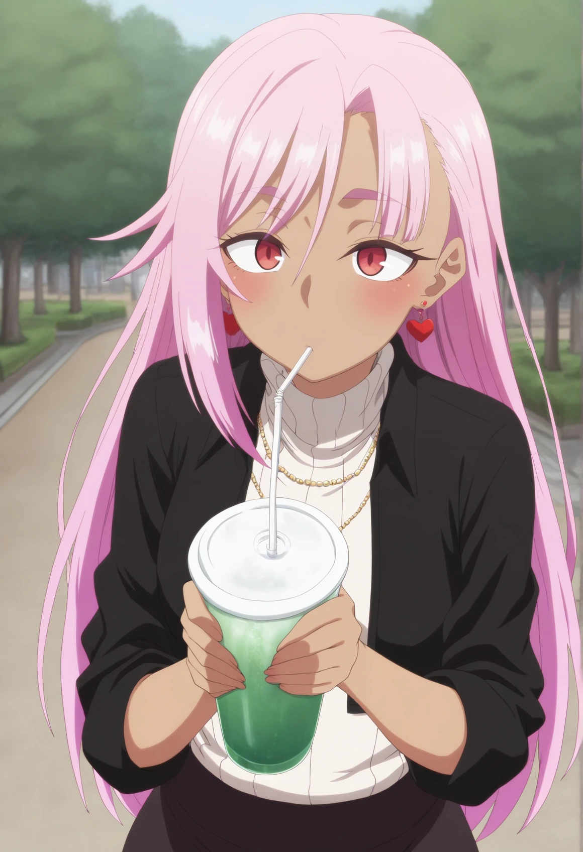 solo, 1girl, dark skin, pink hair, long hair, red eyes, single sidelock, heart-shaped earrings, turtleneck sweater, necklace, cropped jacket, skirt, outdoors, park, holding drink, drinking straw <lora:Liz_nageki_illus_v2_r1:1>, masterpiece, best quality, amazing quality, very aesthetic, absurdres, highres, newest